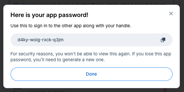 Example app password (note, this password won’t work for you - you’ll need to create your own).