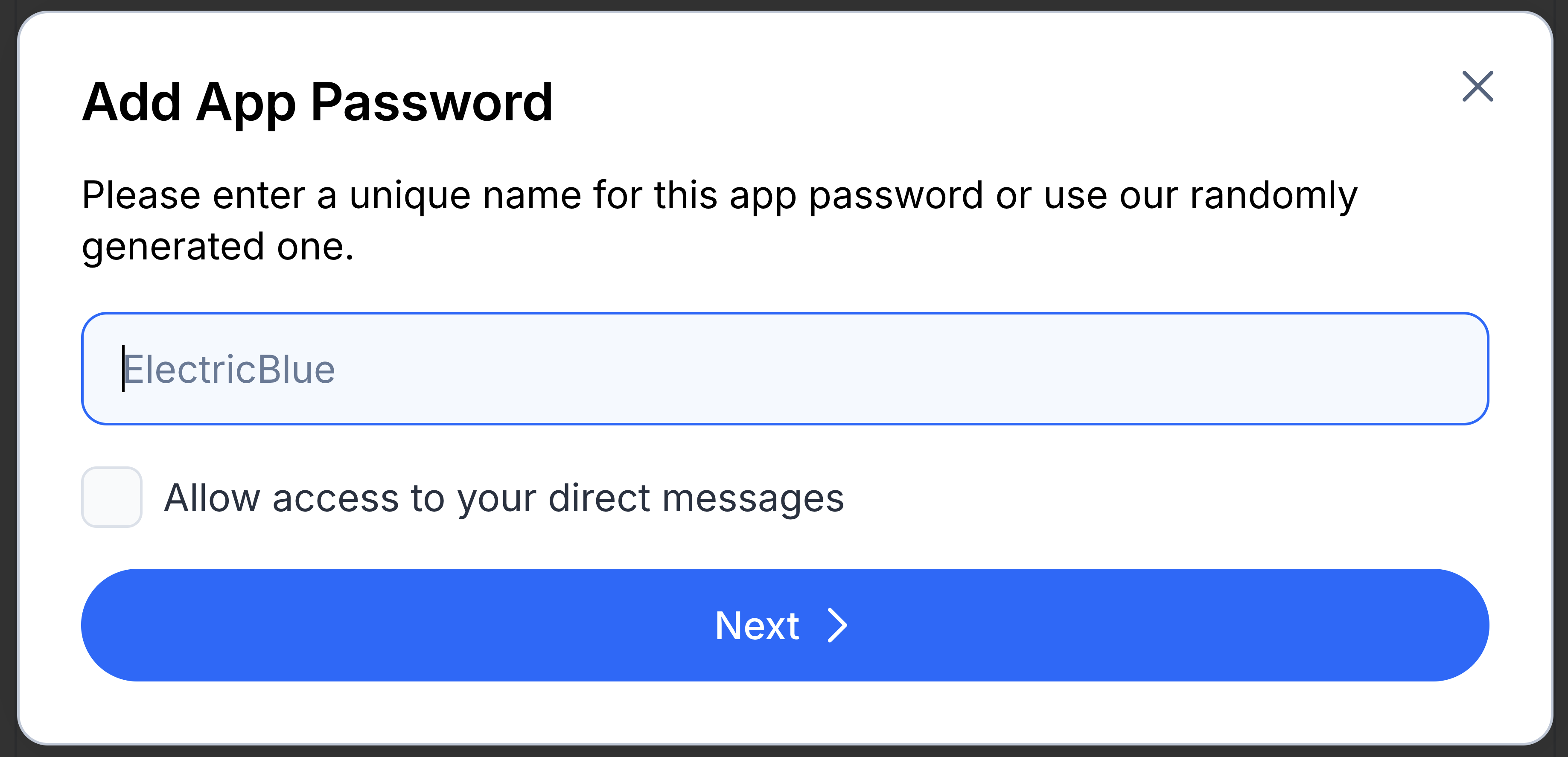 This is the name for your app password - you can use the default generated name or provide your own that is specific to your analysis or use.