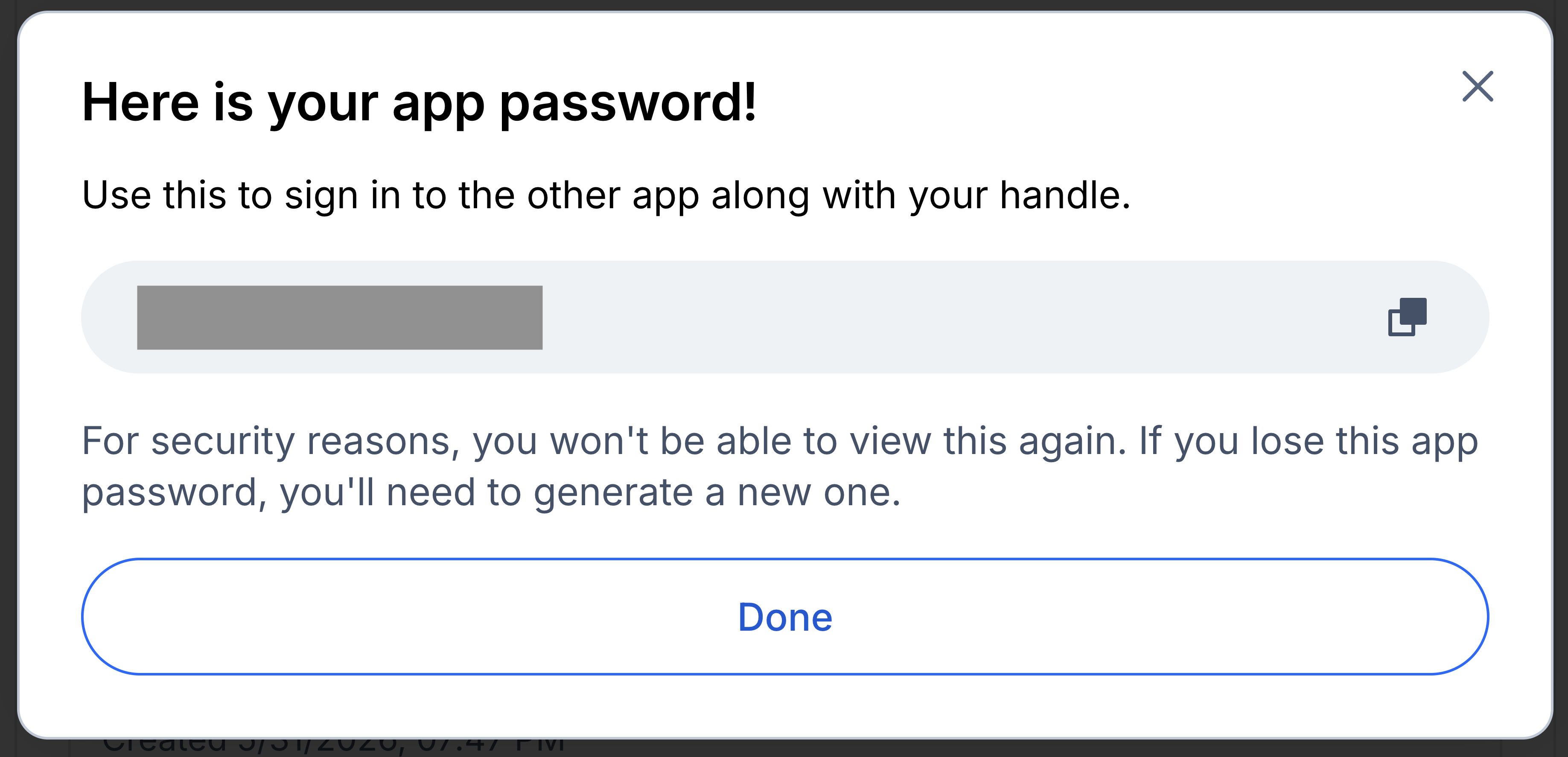 Example app password. Note, this password won't work for you - you'll need to create your own.